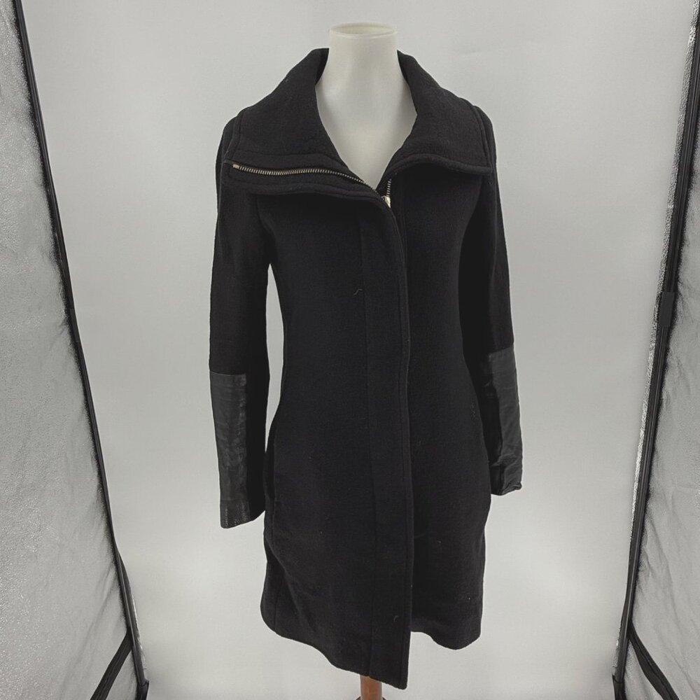 Club Monaco Womens Italian Wool Coat XS Black Leather Sleeve Detail